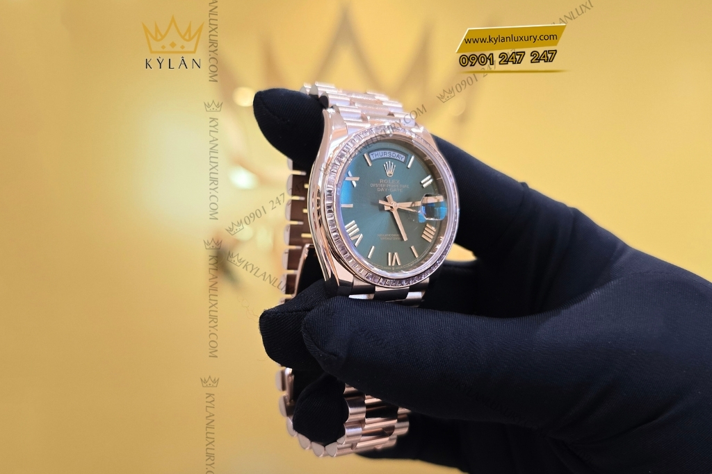Kỳ Lân Luxury rolex day date 36 olive custom vanh kim vuong 128235 0089 27 Đồng hồ Rolex Day Date 36 Olive custom vành kim vuông 128235-0089