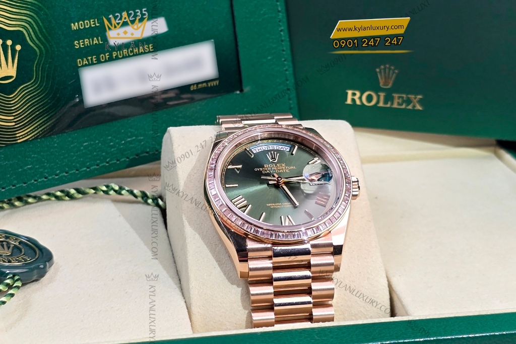 Kỳ Lân Luxury rolex day date 36 olive custom vanh kim vuong 128235 0089 30 Đồng hồ Rolex Day Date 36 Olive custom vành kim vuông 128235-0089
