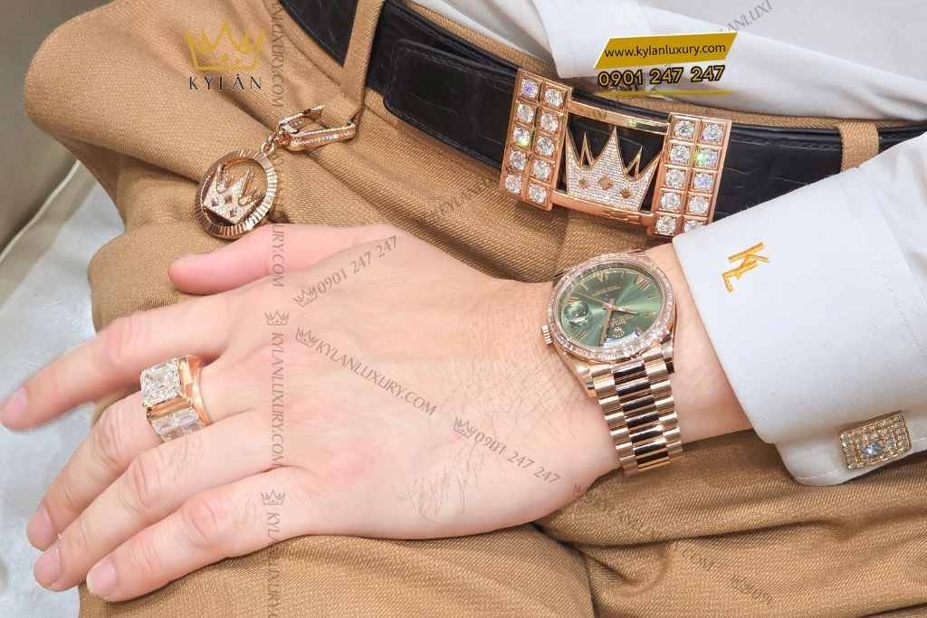 Kỳ Lân Luxury rolex day date 36 olive custom vanh kim vuong 128235 0089 33 Đồng hồ Rolex Day Date 36 Olive custom vành kim vuông 128235-0089