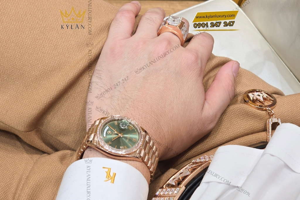 Kỳ Lân Luxury rolex day date 36 olive custom vanh kim vuong 128235 0089 34 Đồng hồ Rolex Day Date 36 Olive custom vành kim vuông 128235-0089
