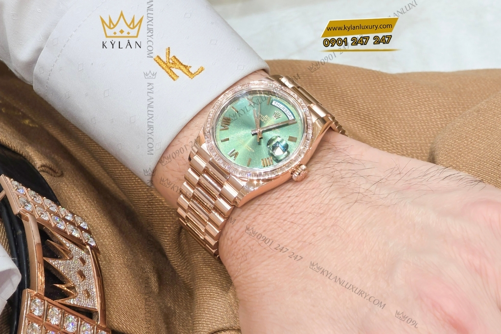 Kỳ Lân Luxury rolex day date 36 olive custom vanh kim vuong 128235 0089 35 Đồng hồ Rolex Day Date 36 Olive custom vành kim vuông 128235-0089