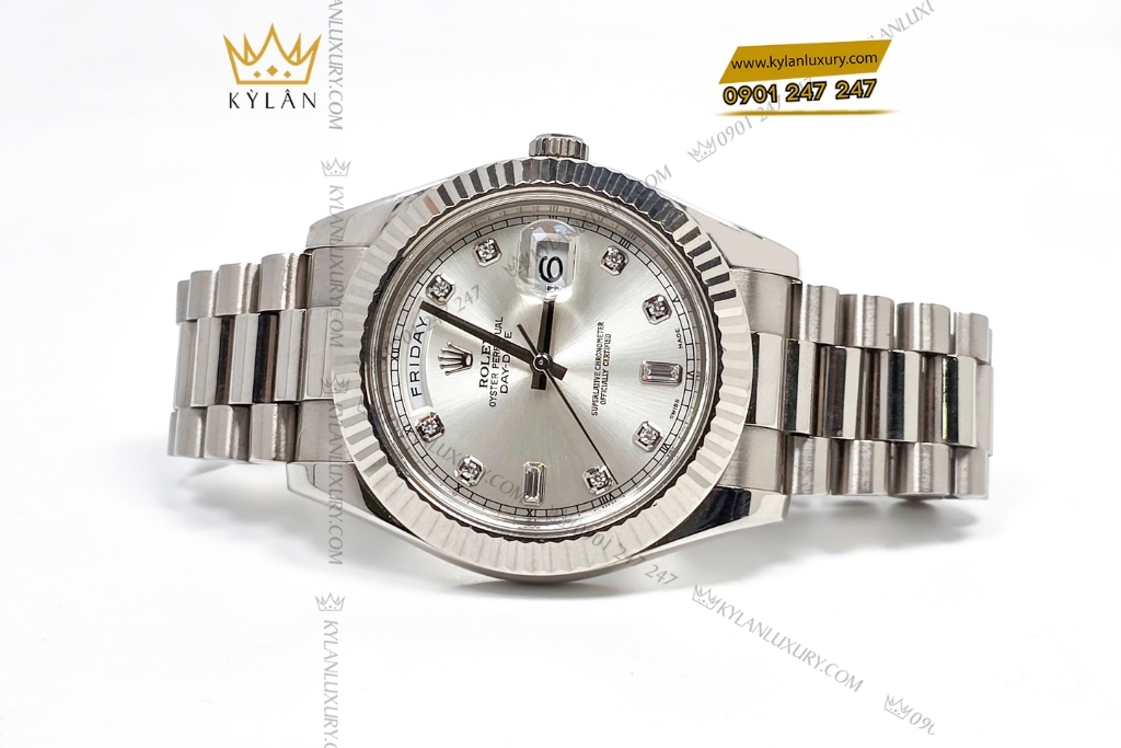 Kỳ Lân Luxury rolex day date 41 218239 0006 mat so bac kim cuong 15 Đồng hồ Rolex Day Date 41 mặt số bạc cọc kim cương 218239-0006