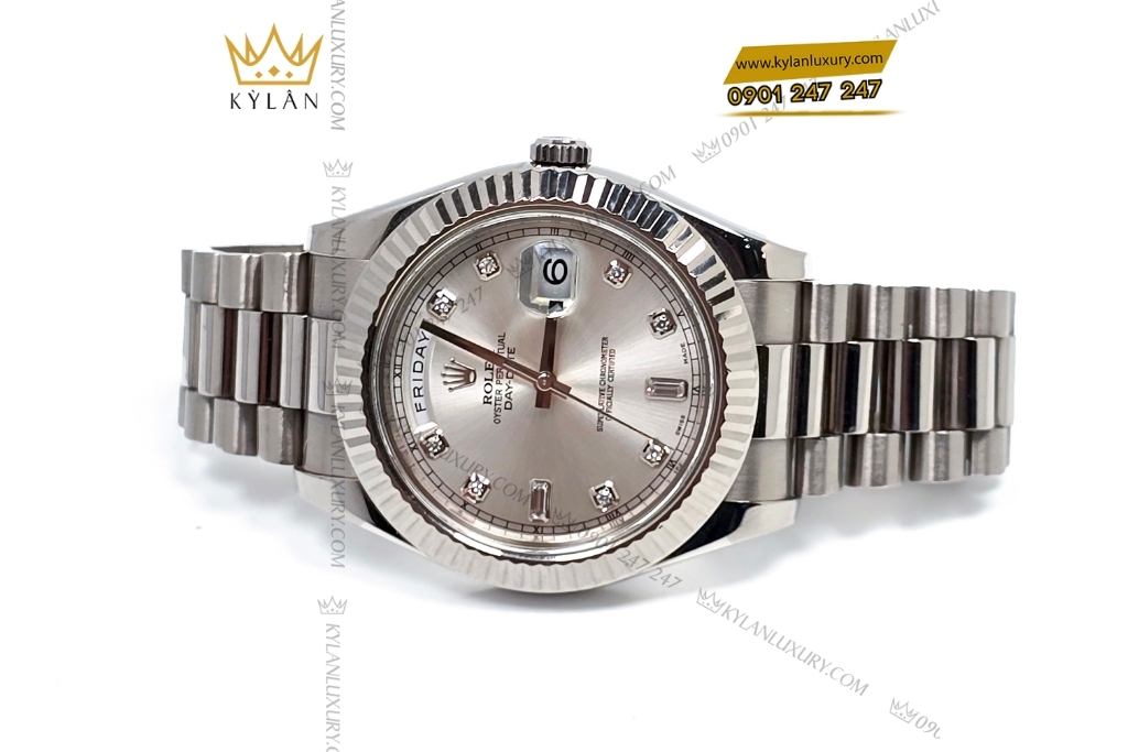 Kỳ Lân Luxury rolex day date 41 218239 0006 mat so bac kim cuong 2 Đồng hồ Rolex Day Date 41 mặt số bạc cọc kim cương 218239-0006