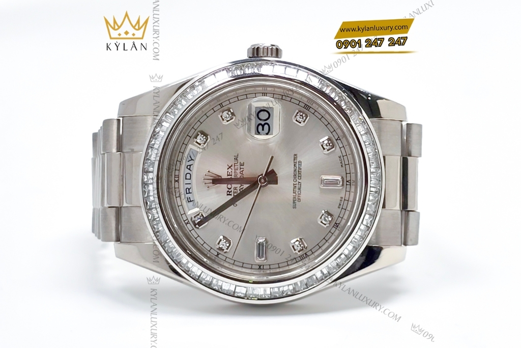Kỳ Lân Luxury rolex day date 41 custom vanh kim vuong 218239 2 Đồng hồ Rolex Day Date 41 vàng trắng custom vành kim vuông 218239-0006