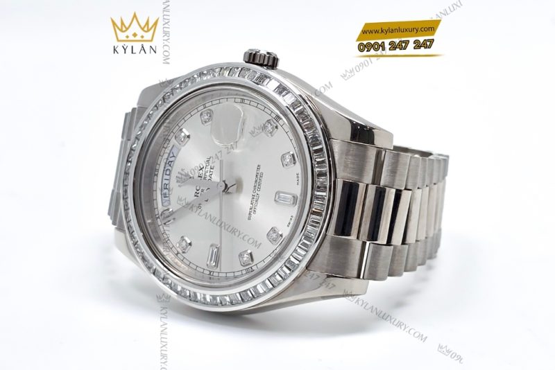 Đồng hồ Rolex Day Date 41 vàng trắng custom vành kim vuông 218239-0006
