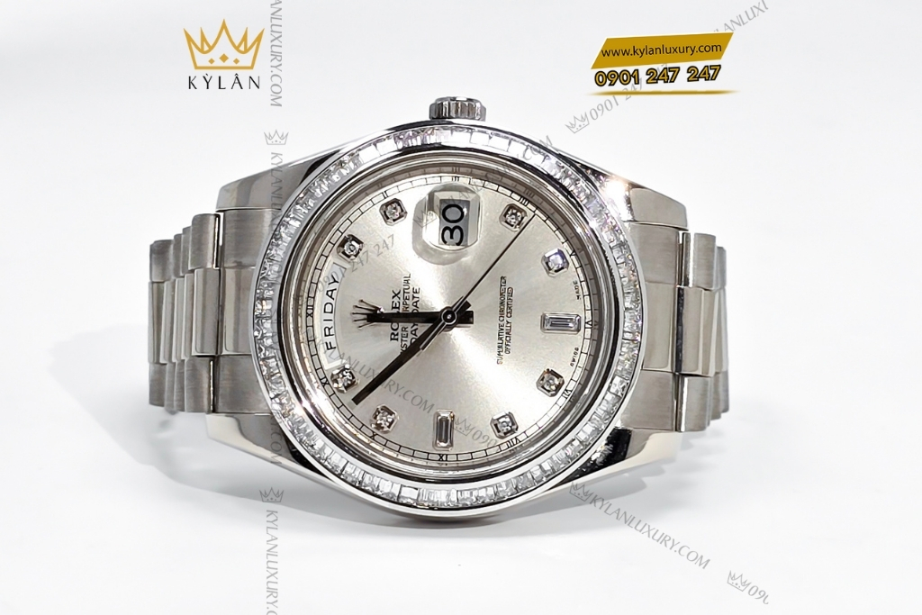 Kỳ Lân Luxury rolex day date 41 custom vanh kim vuong 218239 6 Đồng hồ Rolex Day Date 41 vàng trắng custom vành kim vuông 218239-0006