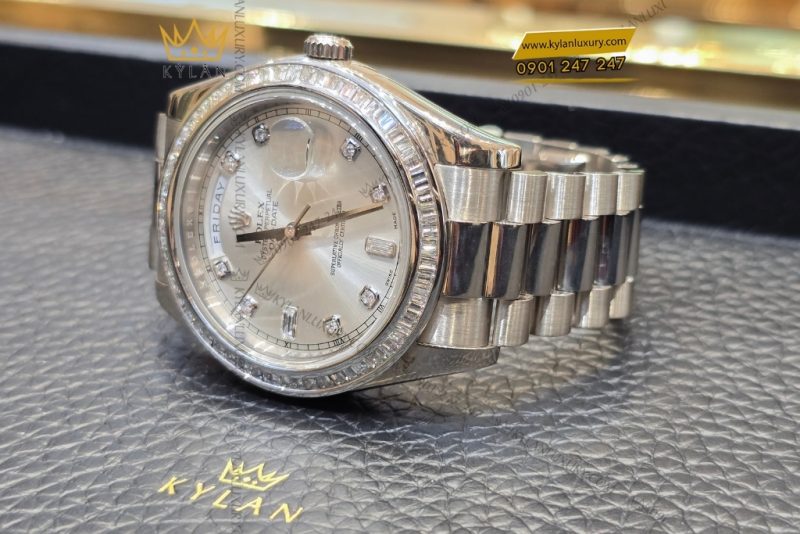 Đồng hồ Rolex Day Date 41 vàng trắng custom vành kim vuông 218239-0006