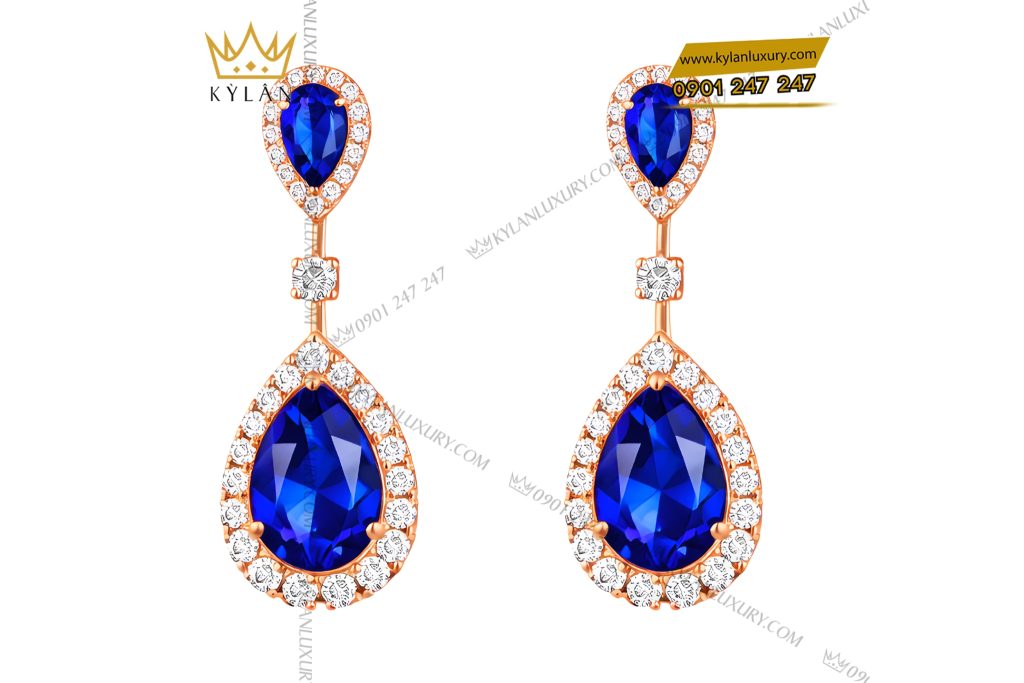 Bông tai vàng hồng Au750 đính kim cương và đá quý xanh