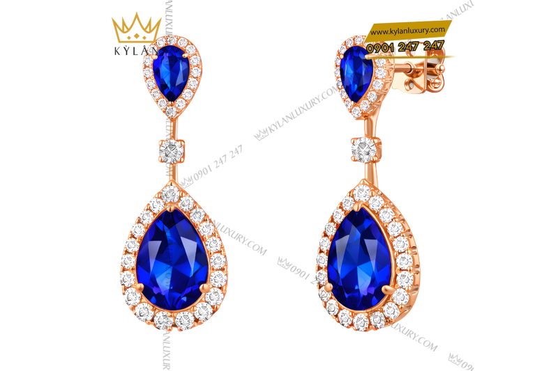 Bông tai vàng hồng Au750 đính kim cương và đá quý xanh