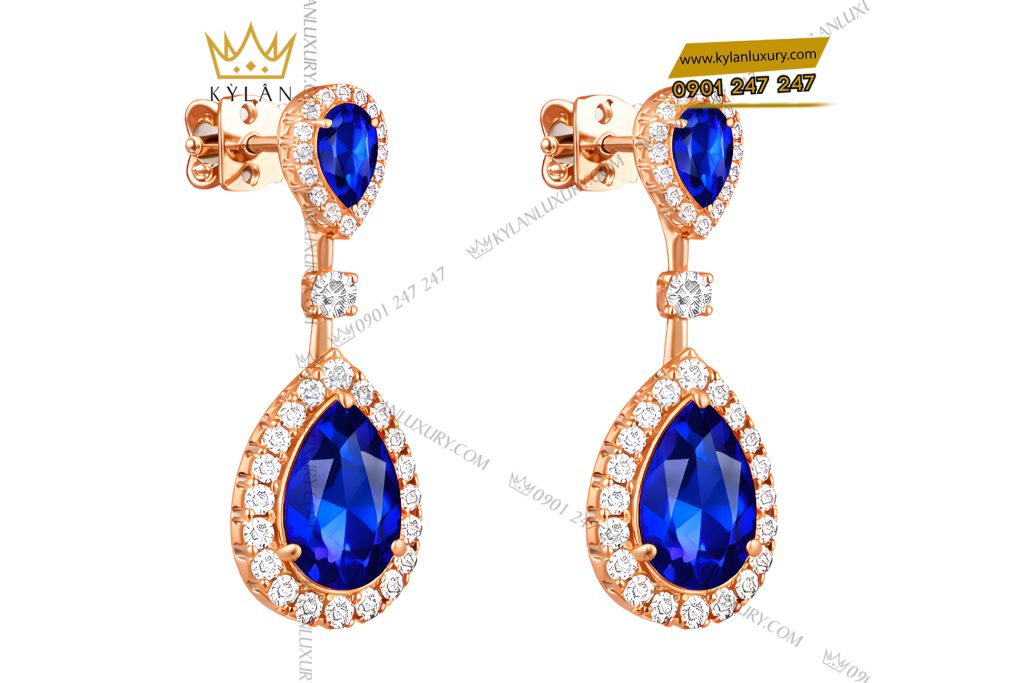 Kỳ Lân Luxury Bong tai vang hong Au750 dinh kim cuong va da quy xanh 4 Bông tai vàng hồng Au750 đính kim cương và đá quý xanh