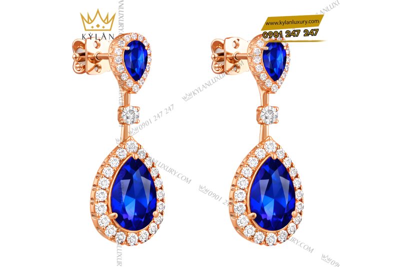 Bông tai vàng hồng Au750 đính kim cương và đá quý xanh