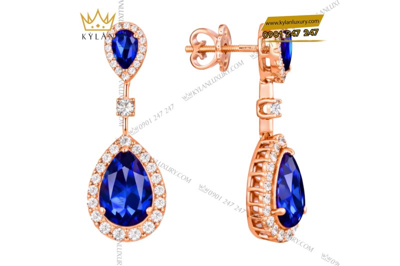 Bông tai vàng hồng Au750 đính kim cương và đá quý xanh