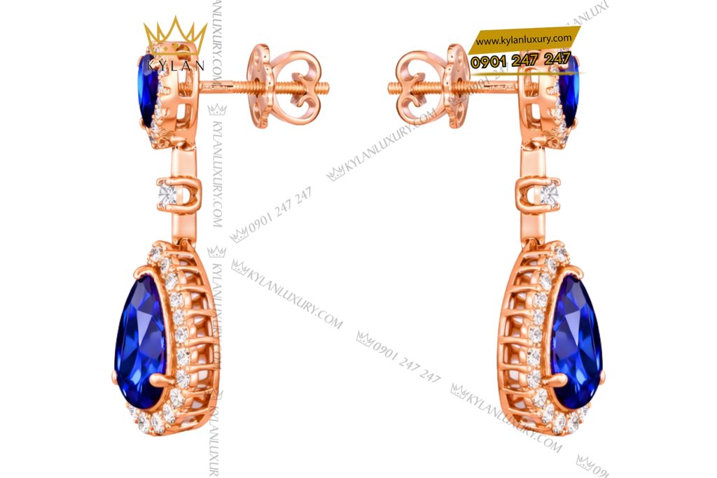 Bông tai vàng hồng Au750 đính kim cương và đá quý xanh
