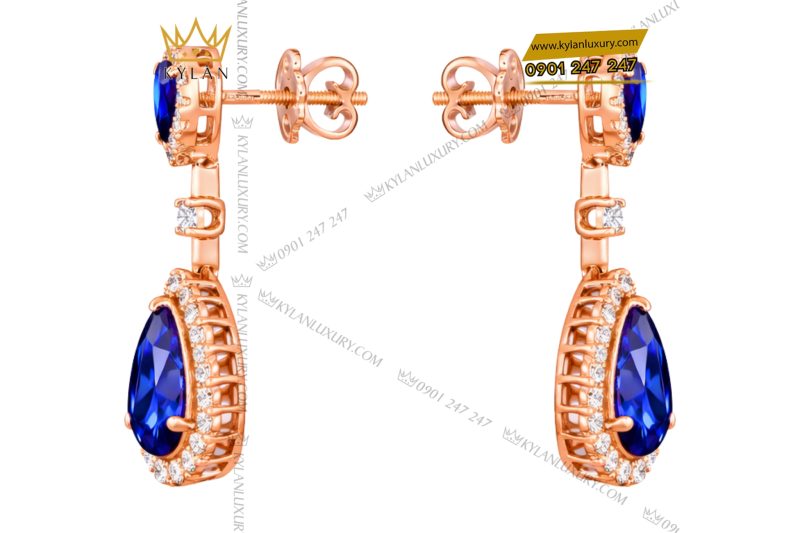 Bông tai vàng hồng Au750 đính kim cương và đá quý xanh