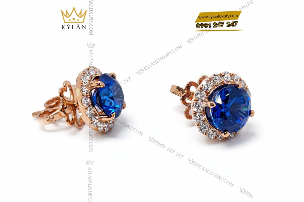 Kỳ Lân Luxury Bong tai vang hong Au750 dinh kim cuong va da sapphire xanh 4 Bông tai vàng hồng Au750 đính kim cương và đá sapphire xanh