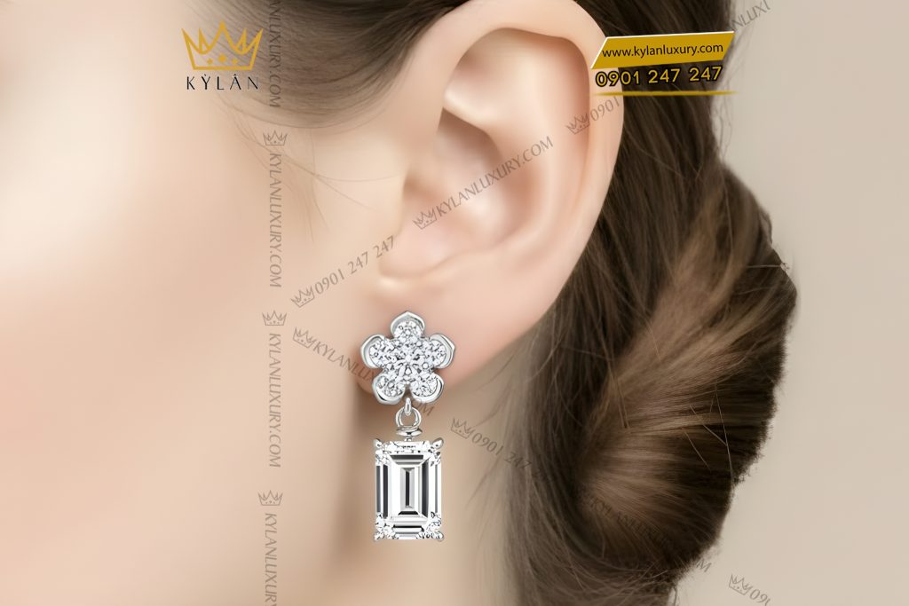 Bông tai vàng trắng Au750 đính kim cương 6 Bông tai vàng trắng Au750 đính kim cương