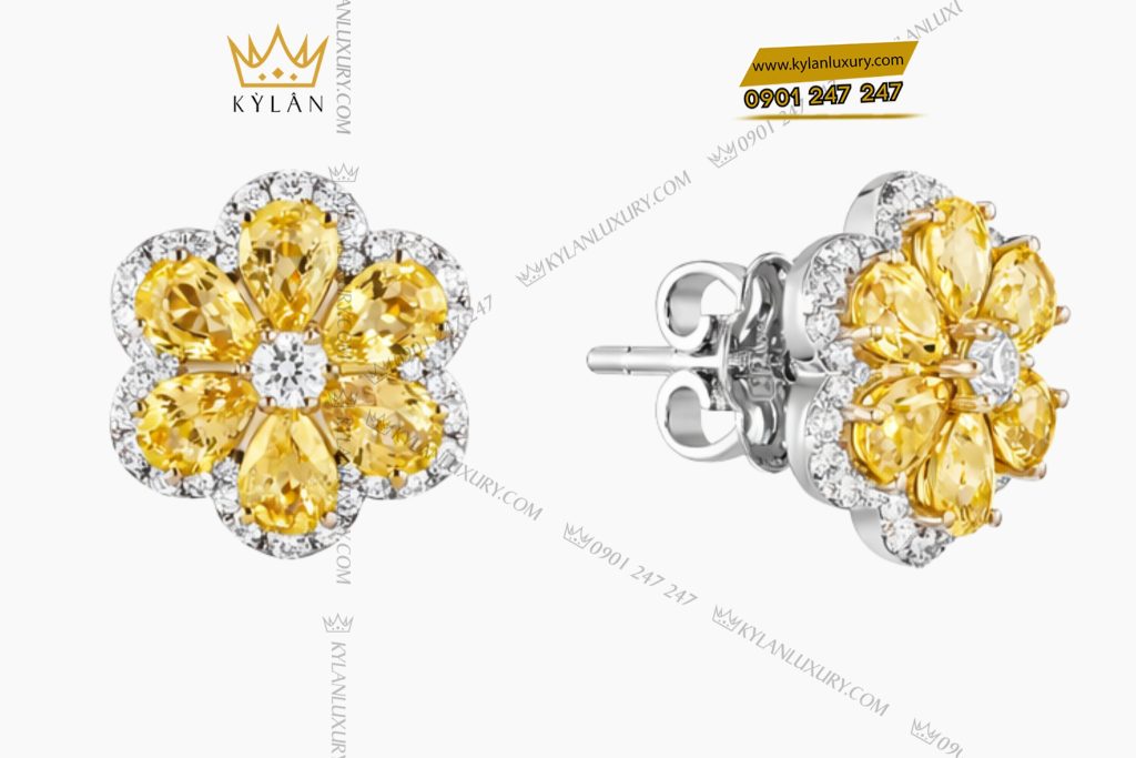 Bông tai vàng trắng Au750 đính kim cương và đá quý vàng