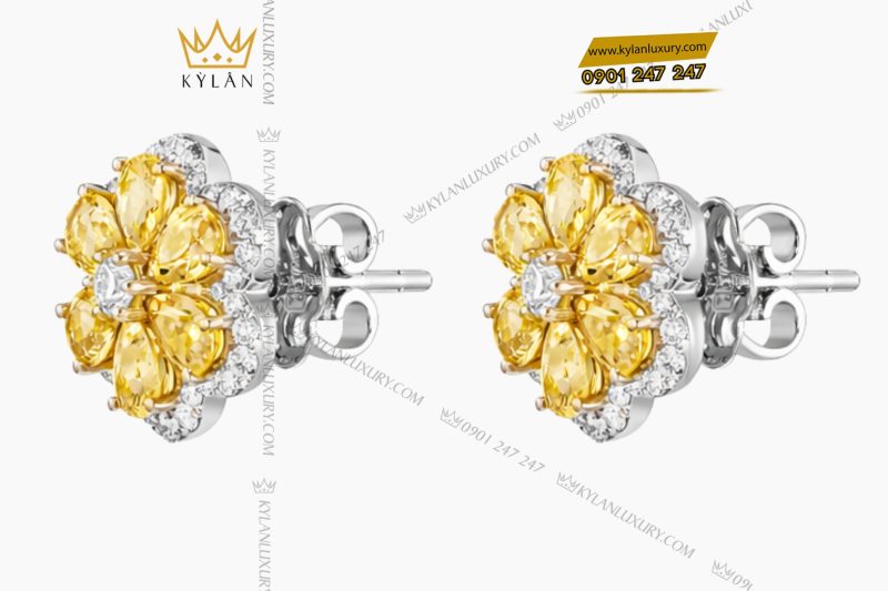 Bông tai vàng trắng Au750 đính kim cương và đá quý vàng