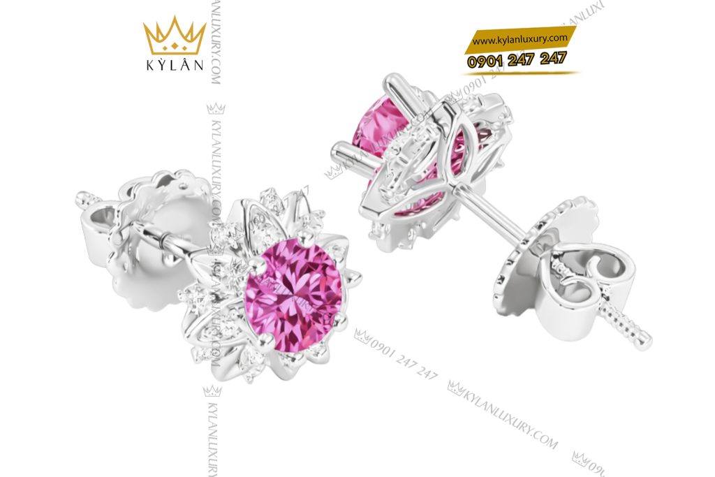 Bông tai vàng trắng Au750 đính kim cương và sapphire hồng
