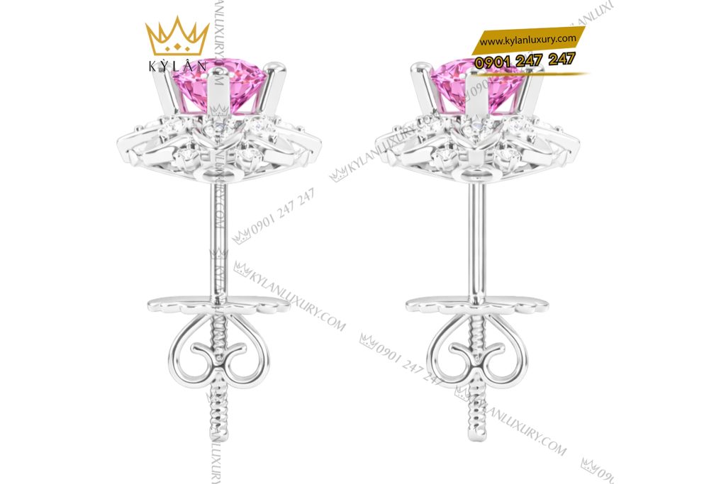 Bông tai vàng trắng Au750 đính kim cương và sapphire hồng