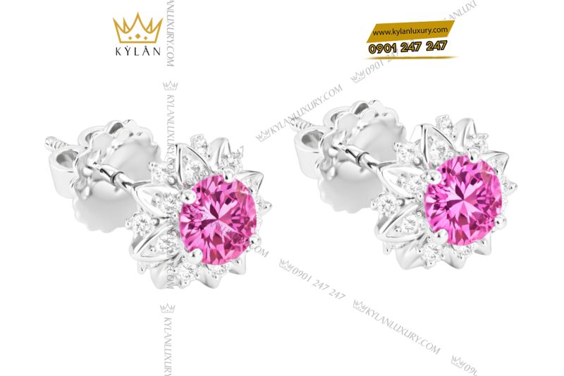 Bông tai vàng trắng Au750 đính kim cương và sapphire hồng