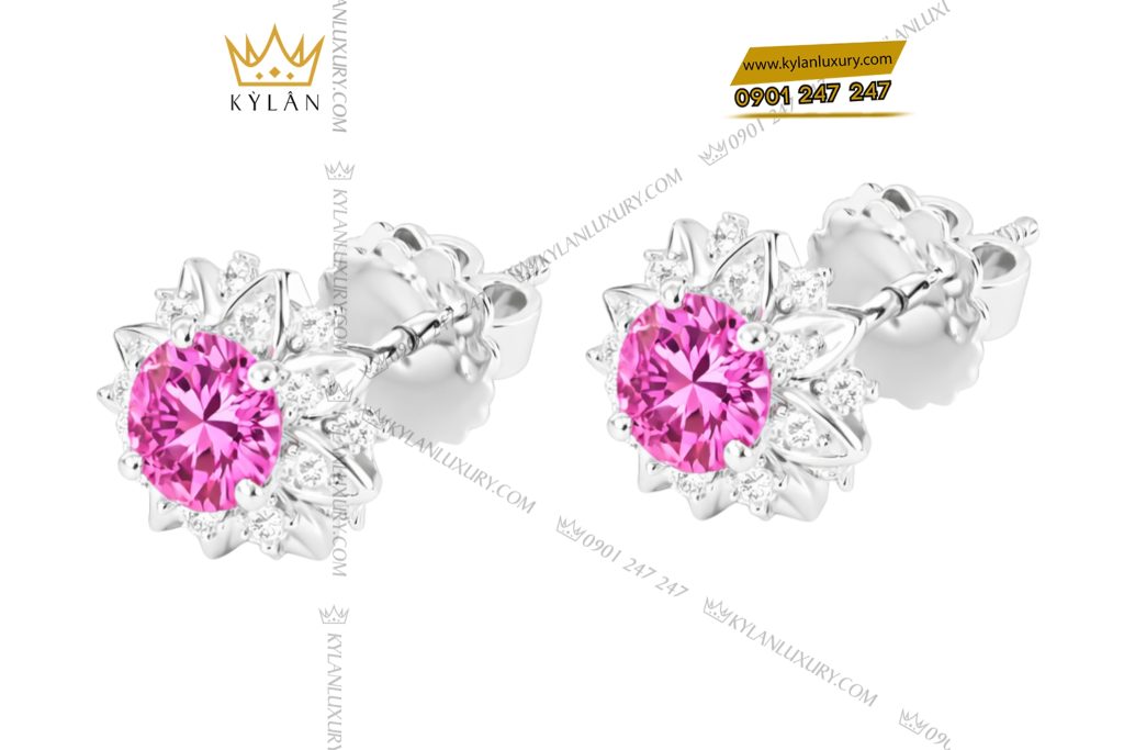 Bông tai vàng trắng Au750 đính kim cương và sapphire hồng