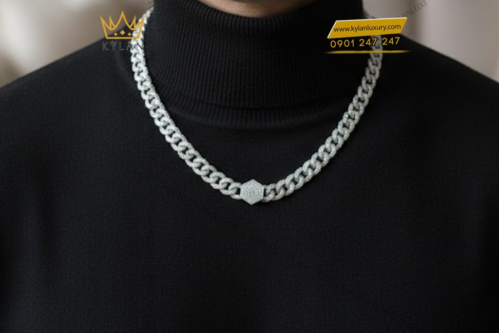 Dây chuyền Cuban nam vàng trắng Au750 đính kim cương