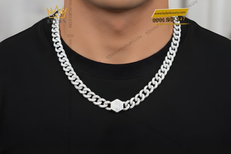 Dây chuyền Cuban nam vàng trắng Au750 đính kim cương