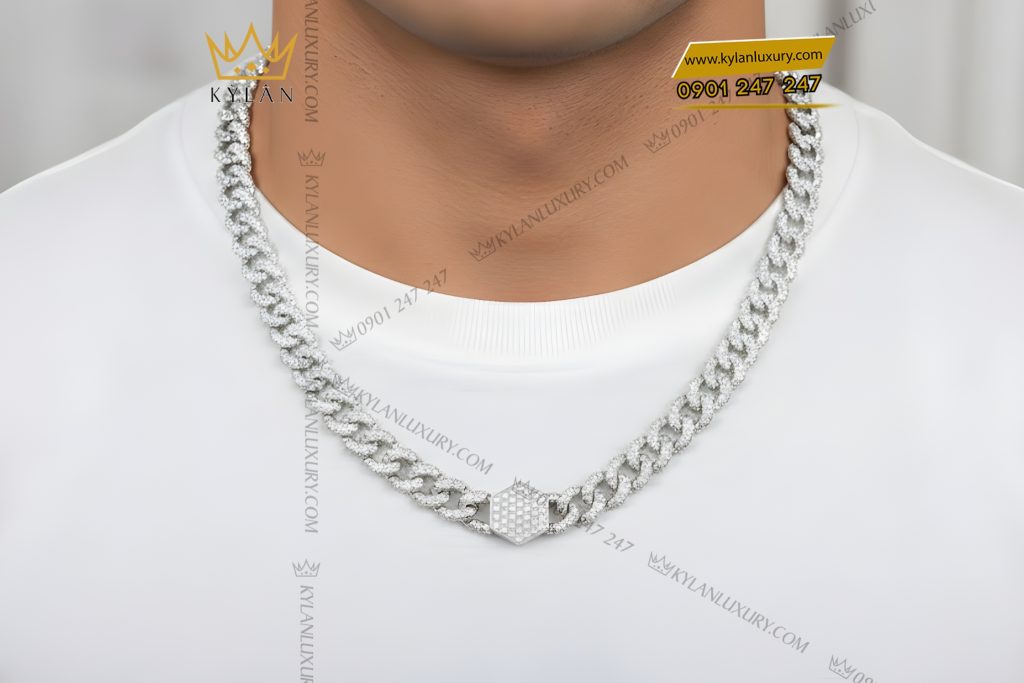 Dây chuyền Cuban nam vàng trắng Au750 đính kim cương