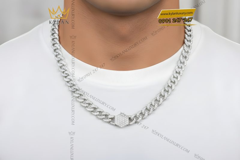 Dây chuyền Cuban nam vàng trắng Au750 đính kim cương
