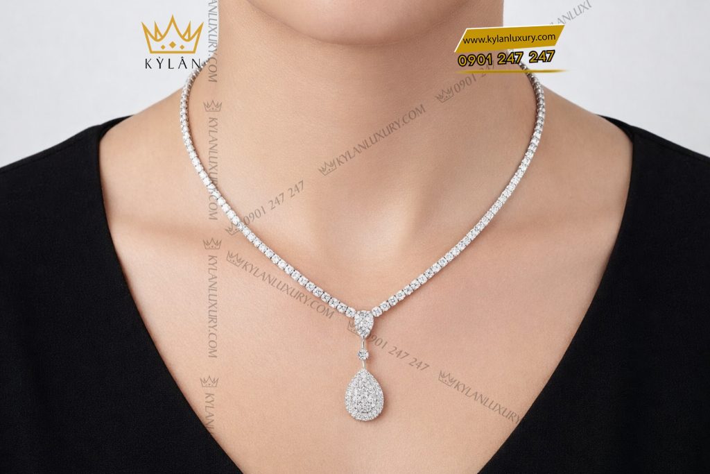 Dây chuyền vàng trắng Au750 đính kim cương