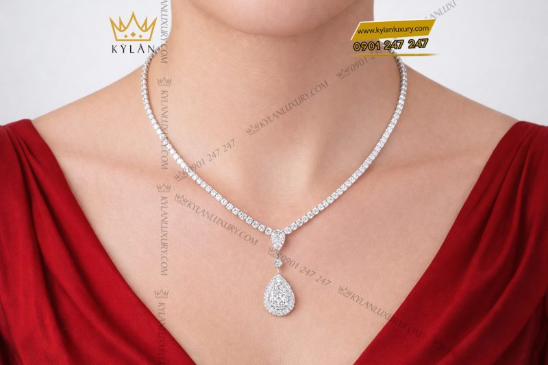 Dây chuyền vàng trắng Au750 đính kim cương