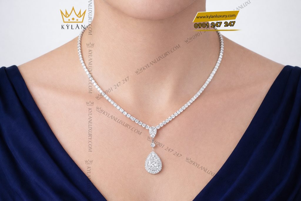 Dây chuyền vàng trắng Au750 đính kim cương