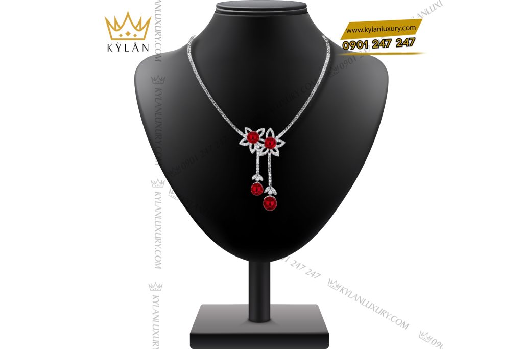 Kỳ Lân Luxury Day chuyen vang trang Au750 dinh kim cuong va da quy do 2 Dây chuyền vàng trắng Au750 đính kim cương và đá quý đỏ