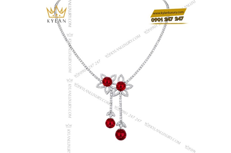 Dây chuyền vàng trắng Au750 đính kim cương và đá quý đỏ