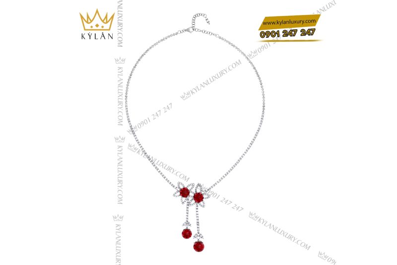 Dây chuyền vàng trắng Au750 đính kim cương và đá quý đỏ