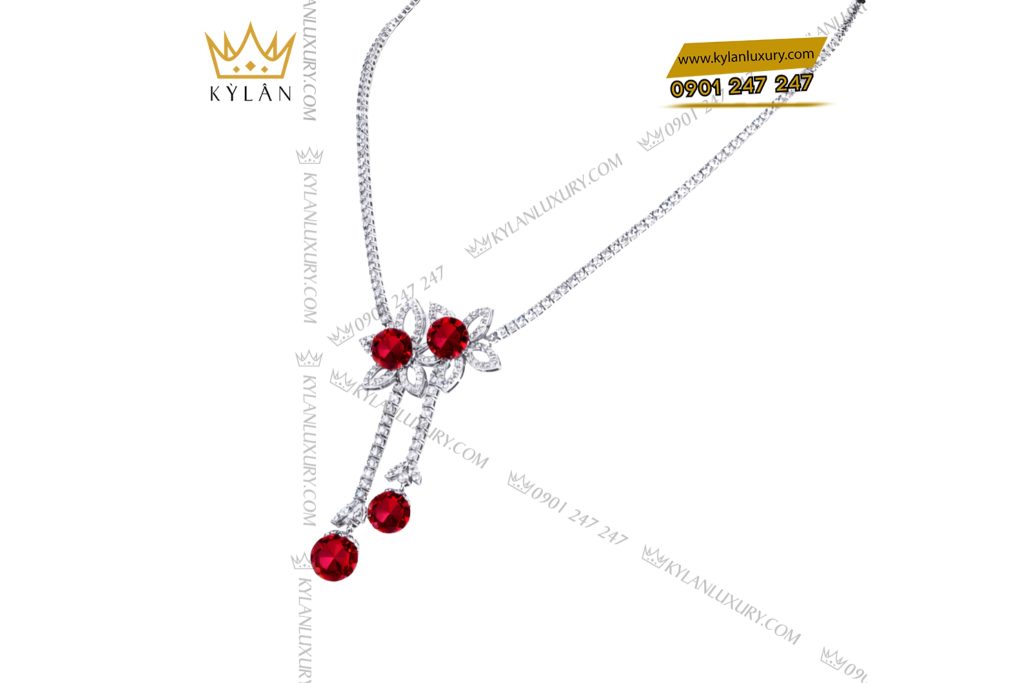 Dây chuyền vàng trắng Au750 đính kim cương và đá quý đỏ