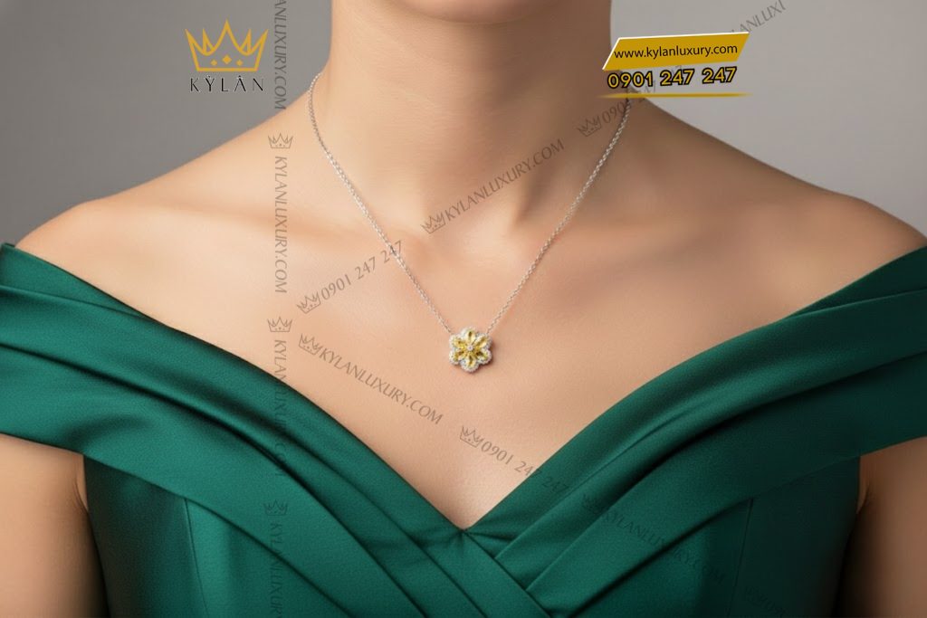 Dây chuyền vàng trắng Au750 đính kim cương và đá quý vàng