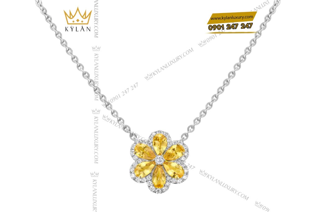 Dây chuyền vàng trắng Au750 đính kim cương và đá quý vàng