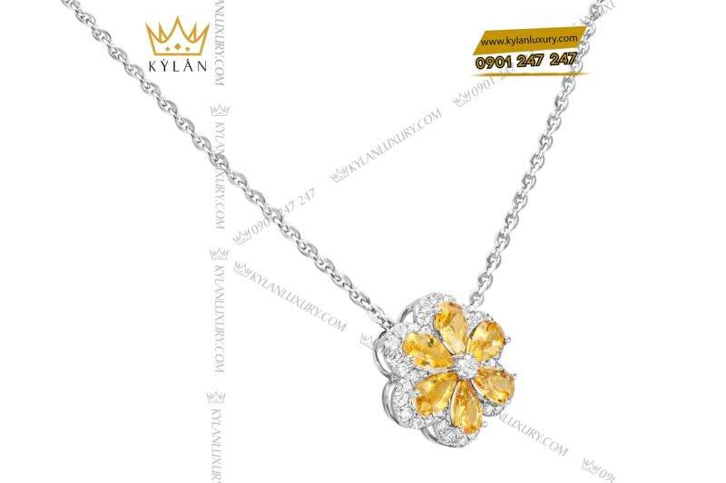 Dây chuyền vàng trắng Au750 đính kim cương và đá quý vàng