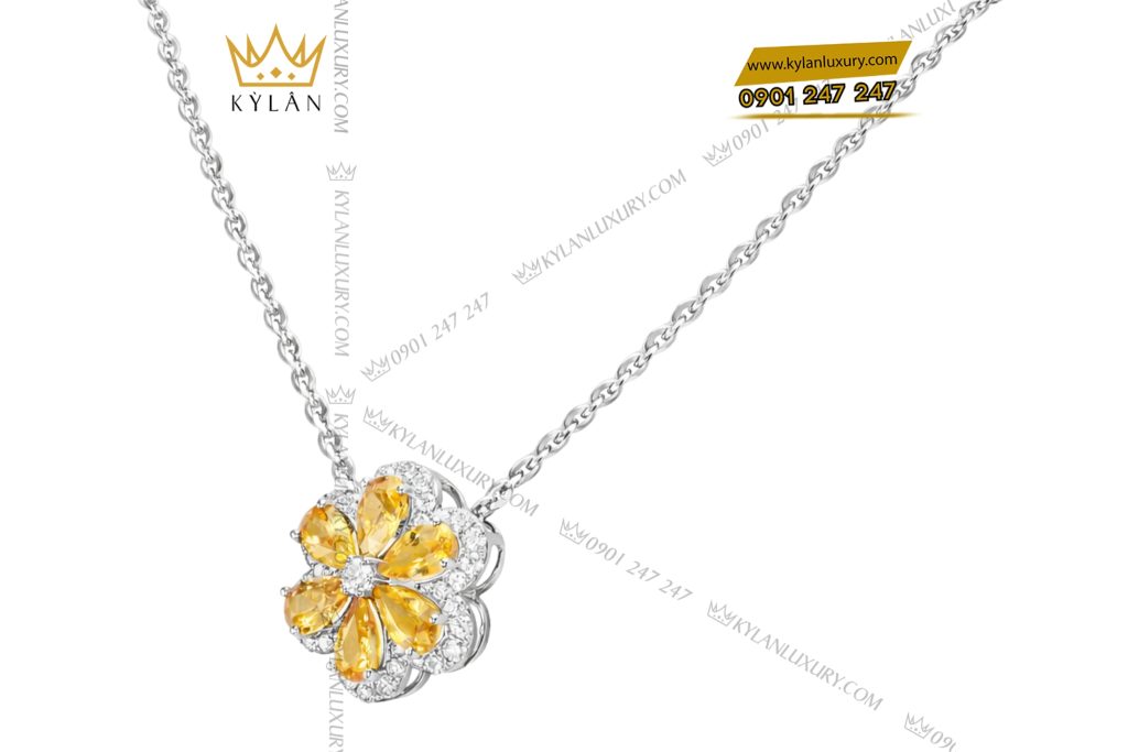 Dây chuyền vàng trắng Au750 đính kim cương và đá quý vàng