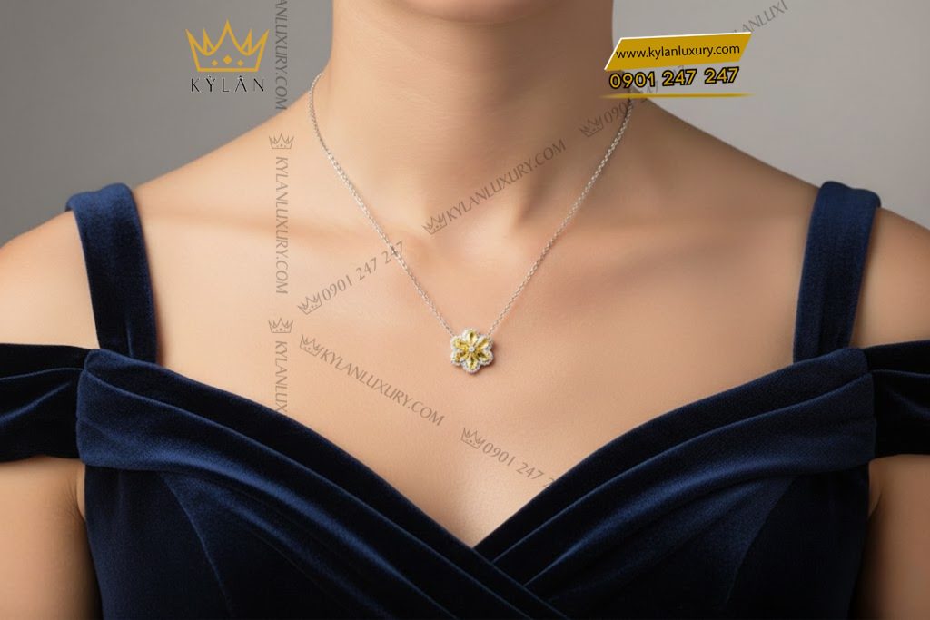Dây chuyền vàng trắng Au750 đính kim cương và đá quý vàng