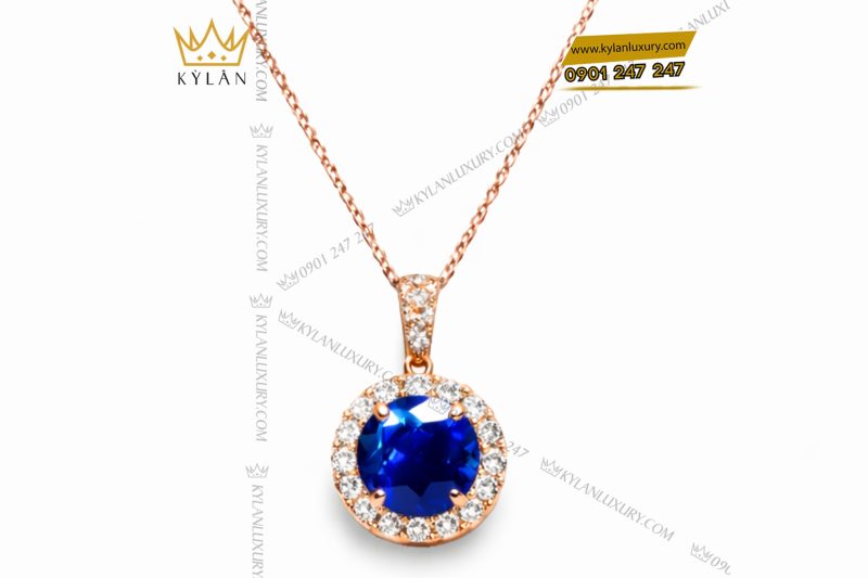 Mặt dây chuyền vàng hồng Au750 đính kim cương và đá sapphire xanh