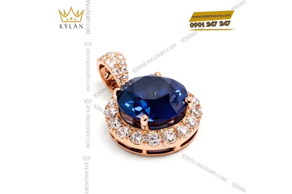 Mặt dây chuyền vàng hồng Au750 đính kim cương và đá sapphire xanh