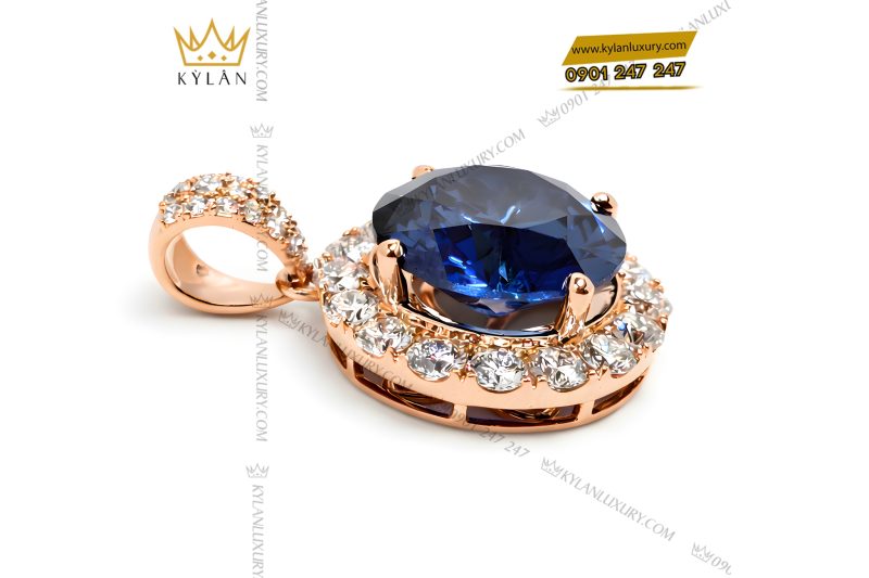 Mặt dây chuyền vàng hồng Au750 đính kim cương và đá sapphire xanh