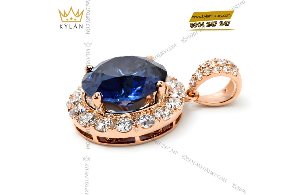 Mặt dây chuyền vàng hồng Au750 đính kim cương và đá sapphire xanh