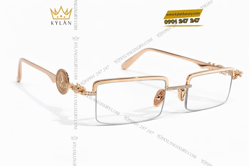 Mắt kính LDH vàng hồng Au750 đính kim cương và logo vàng