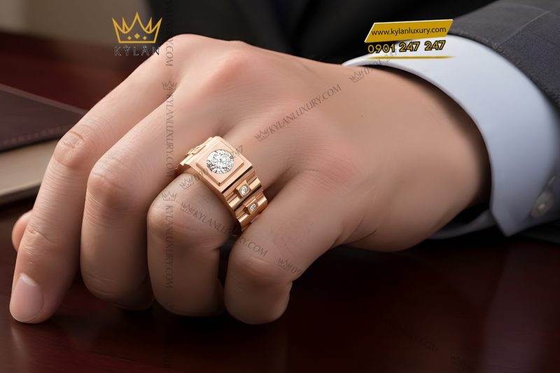 Nhẫn nam vàng hồng Au750 đính kim cương