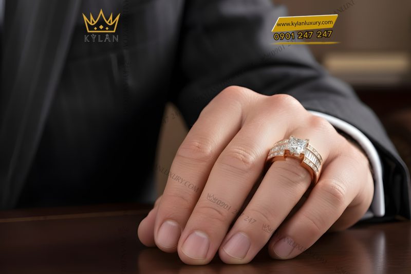 Nhẫn nam vàng hồng Au750 đính kim cương