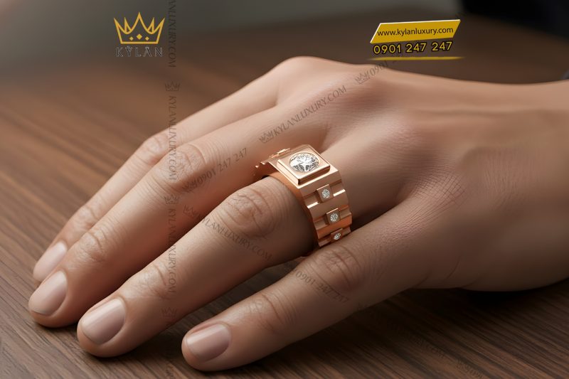 Nhẫn nam vàng hồng Au750 đính kim cương